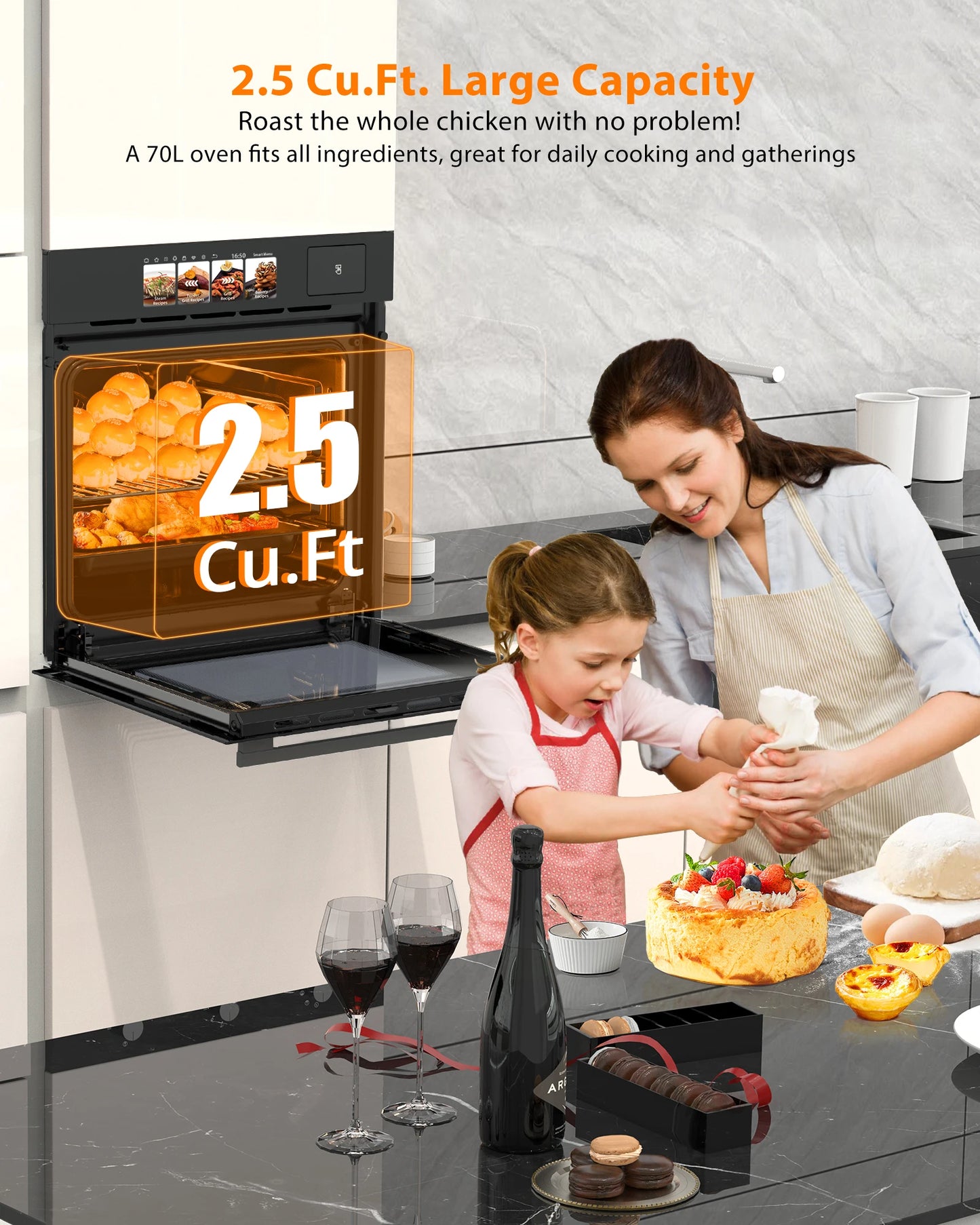 2.5 Cu.ft Built-in Electric Wall Oven With TFT Display 8 Cooking Modes In Steam, Grill, Air Frying Mode For Kitchen Restaurant