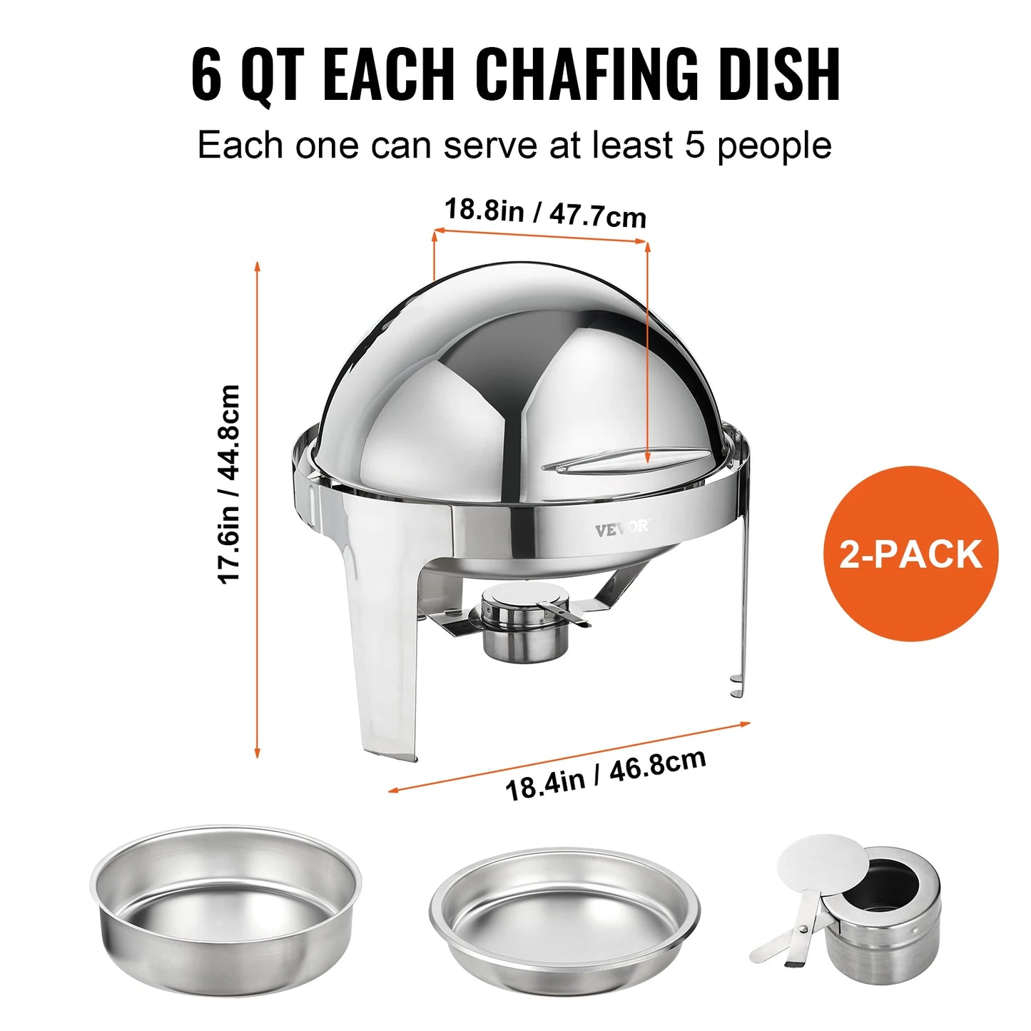 Roll Top Chafing Dish Buffet Set 6 Q. 2 Pack Stainless Steel Chafer with 2 Full Size Pans Round Catering Warmer Server