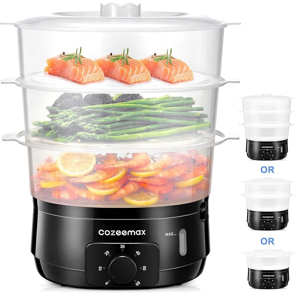 13.7QT Electric Food Steamer 3 Tier BPA Free Fast Cooking Unique Steam Design 800W Timer Anti Dry Protection Kitchen Appliance
