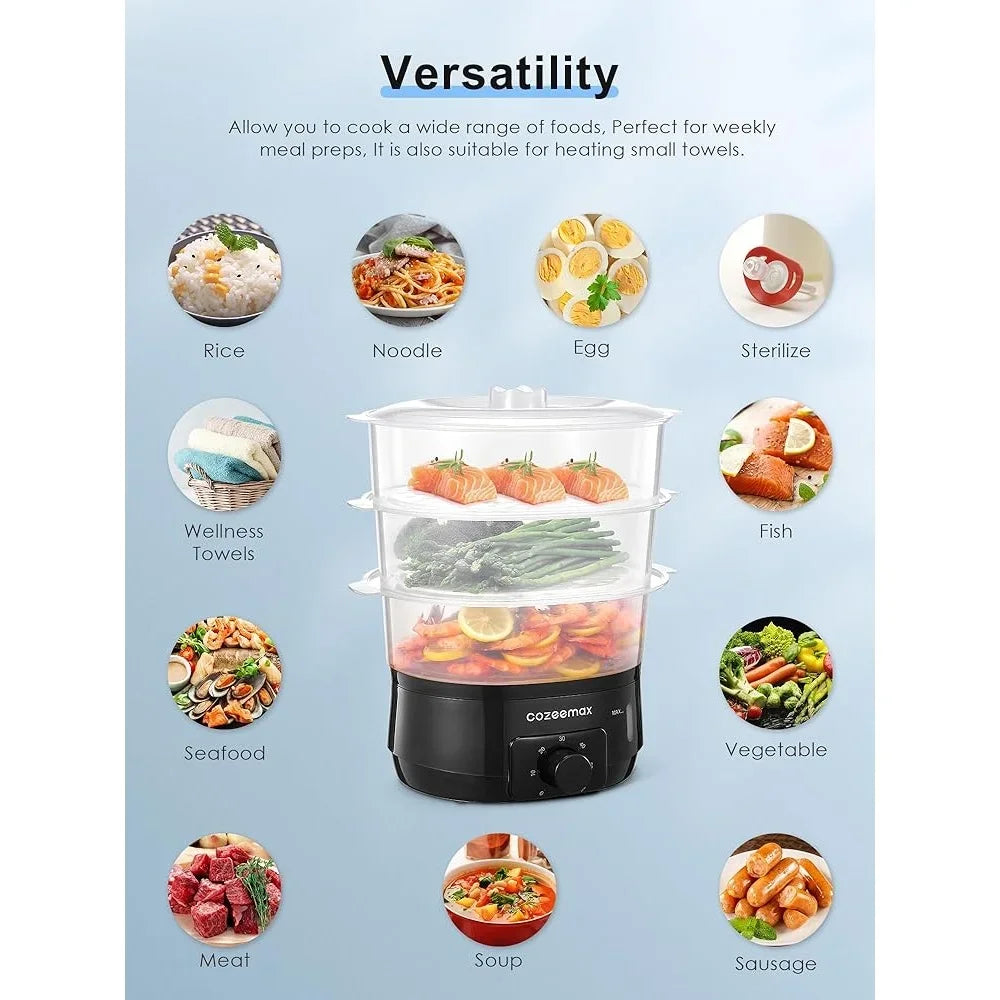 13.7QT Electric Food Steamer 3 Tier BPA Free Fast Cooking Unique Steam Design 800W Timer Anti Dry Protection Kitchen Appliance