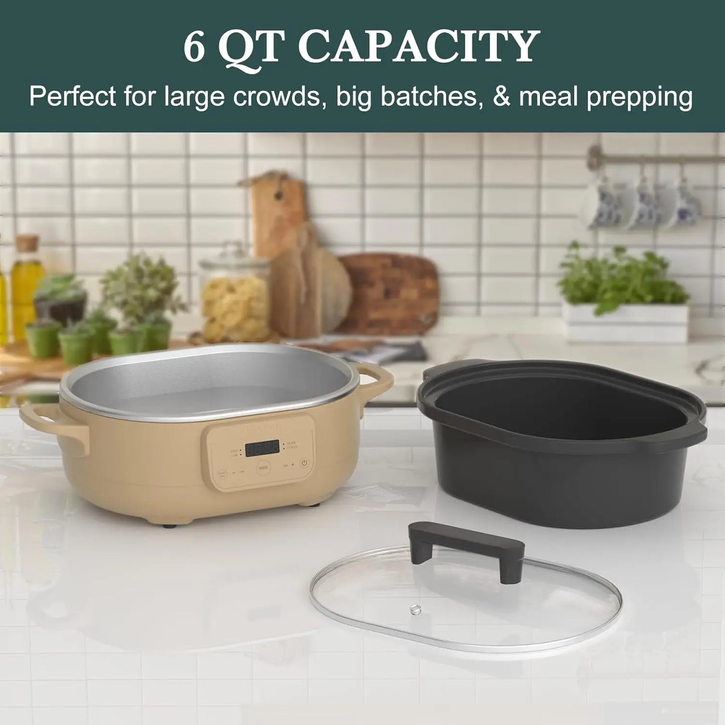 6 Quart Programmable Slow Cooker Removable Healthy Nonstick Pot - Small Kitchen Appliance for Family Dinners - Serves 6+ People