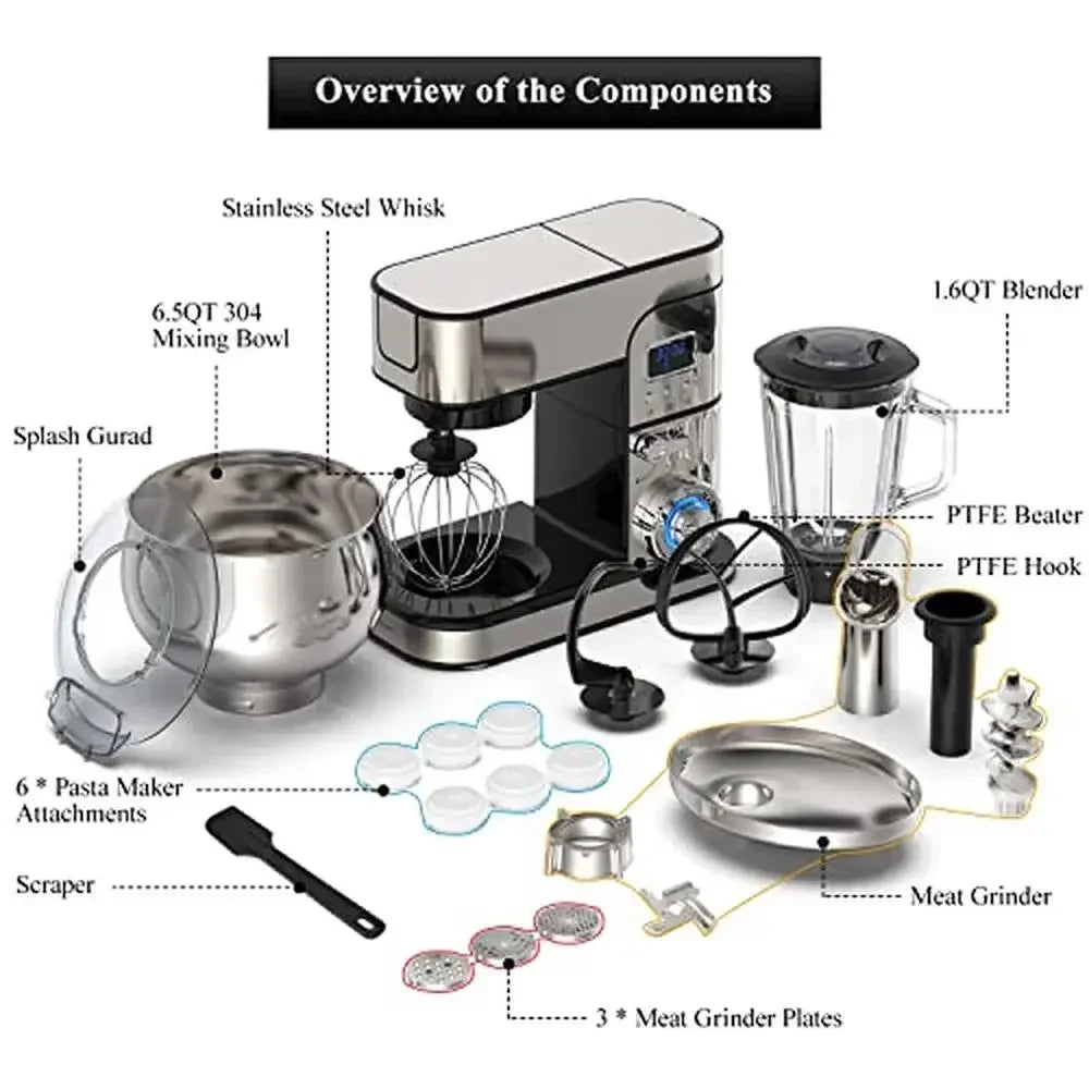 6-in-1 LCD Display Kitchen Electric Mixer 6.5QT Stainless Steel Bowl Multi-Function Mixer Dough Blender Meat Grinder Pasta