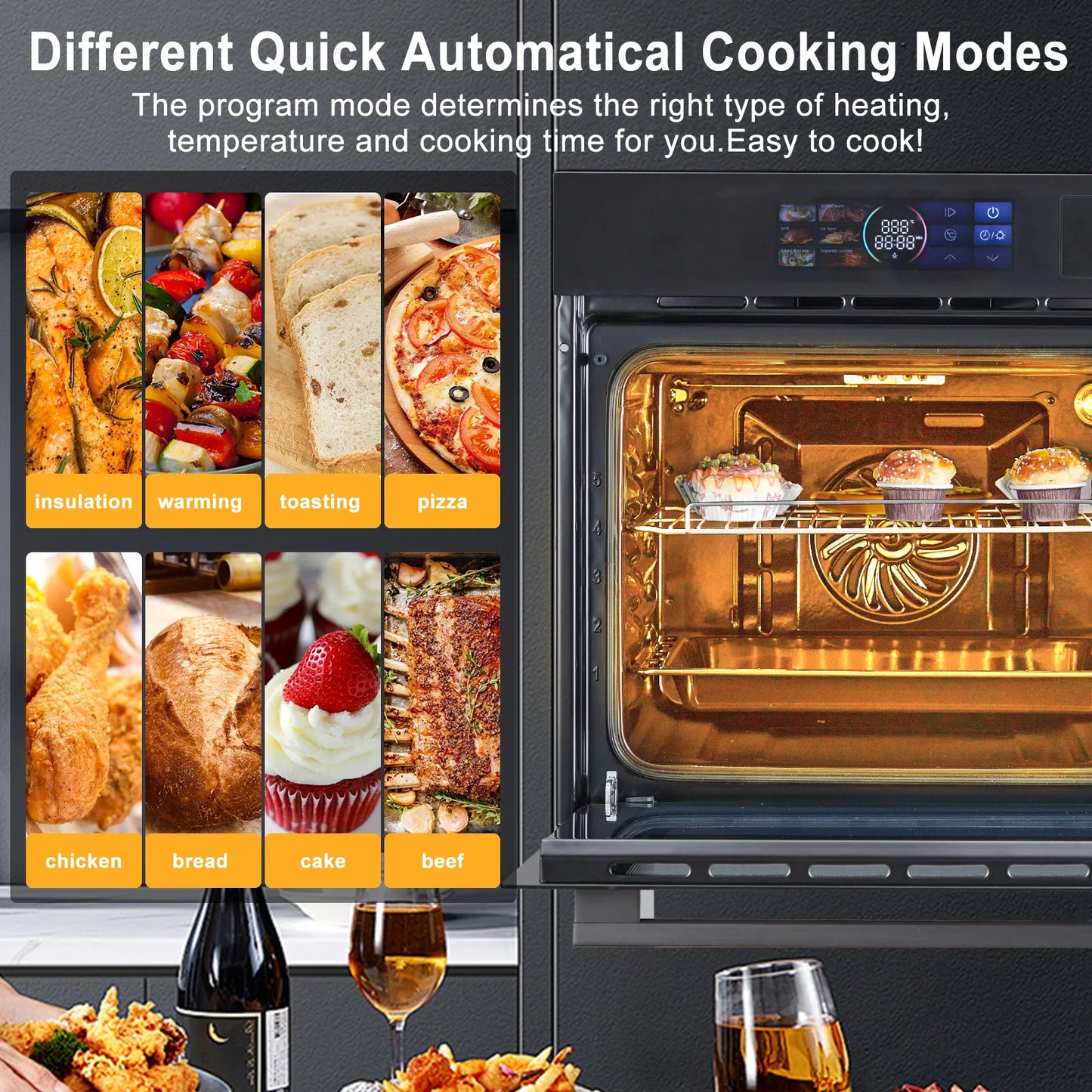 Single Wall Oven 24" Built-In Electric Ovens, 70L, 3000W, 8 Baking Modes, With Air Frying Function, 3D With Led Screen