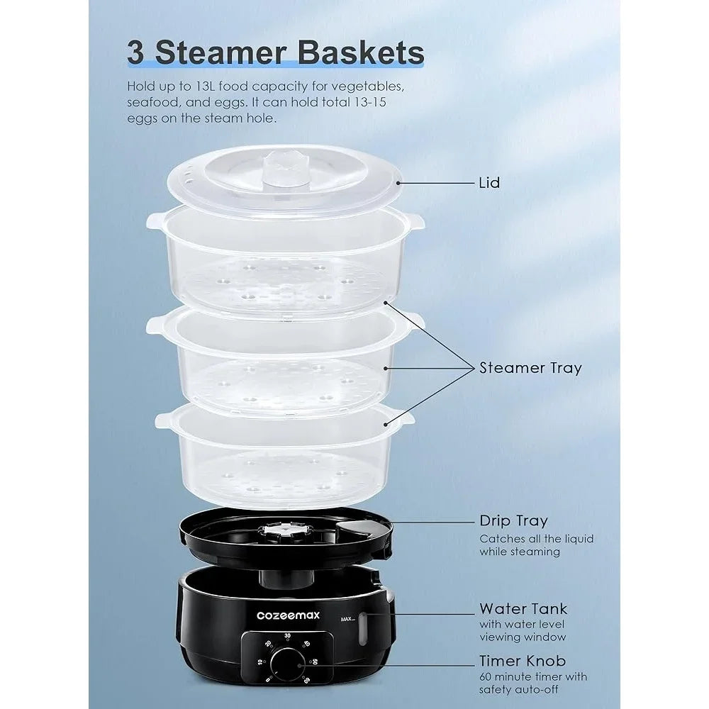 13.7QT Electric Food Steamer 3 Tier BPA Free Fast Cooking Unique Steam Design 800W Timer Anti Dry Protection Kitchen Appliance