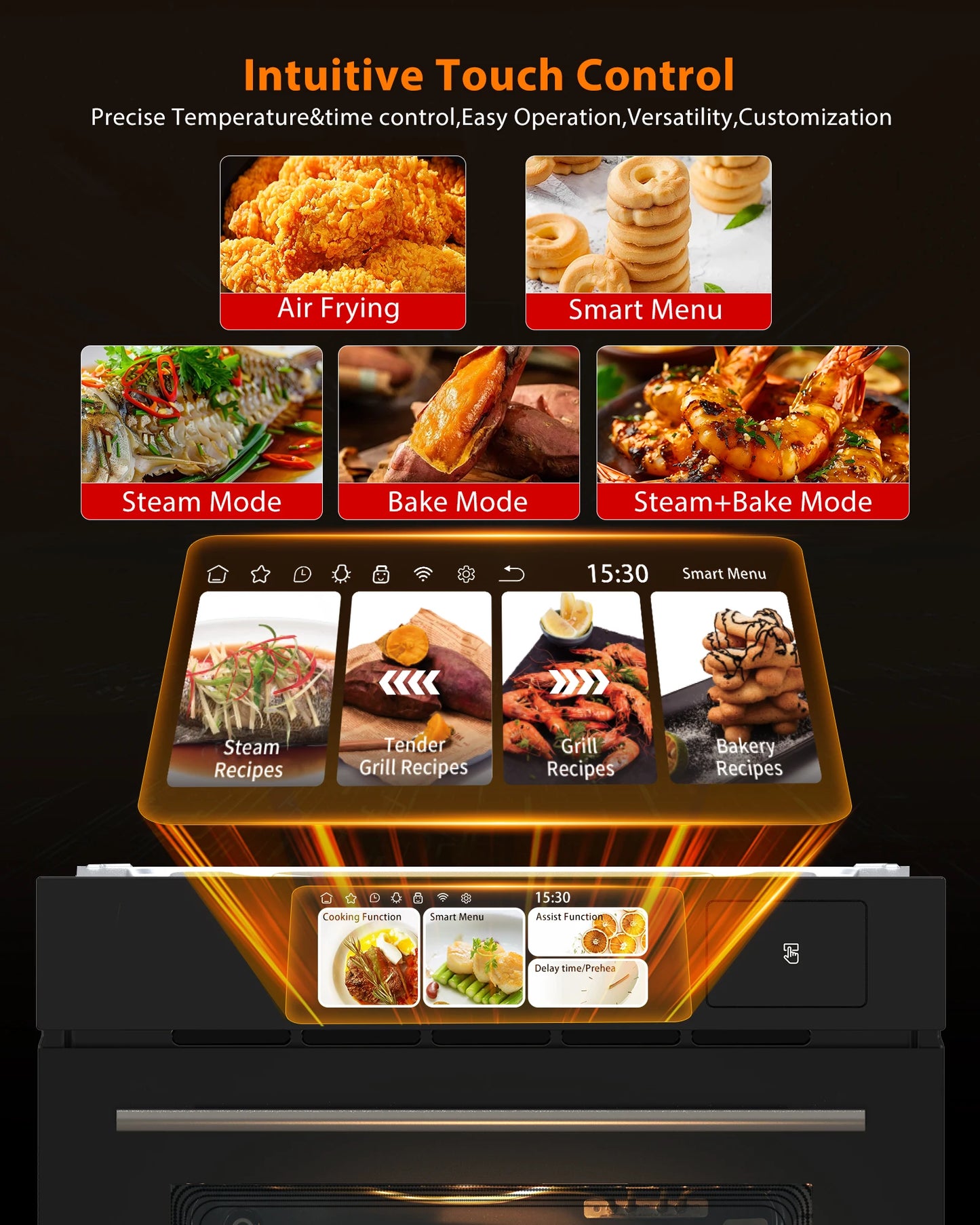 2.5 Cu.ft Built-in Electric Wall Oven With TFT Display 8 Cooking Modes In Steam, Grill, Air Frying Mode For Kitchen Restaurant