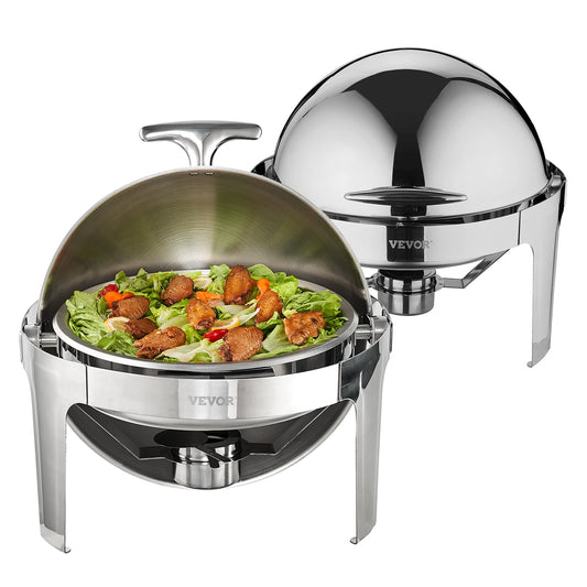 Roll Top Chafing Dish Buffet Set 6 Q. 2 Pack Stainless Steel Chafer with 2 Full Size Pans Round Catering Warmer Server