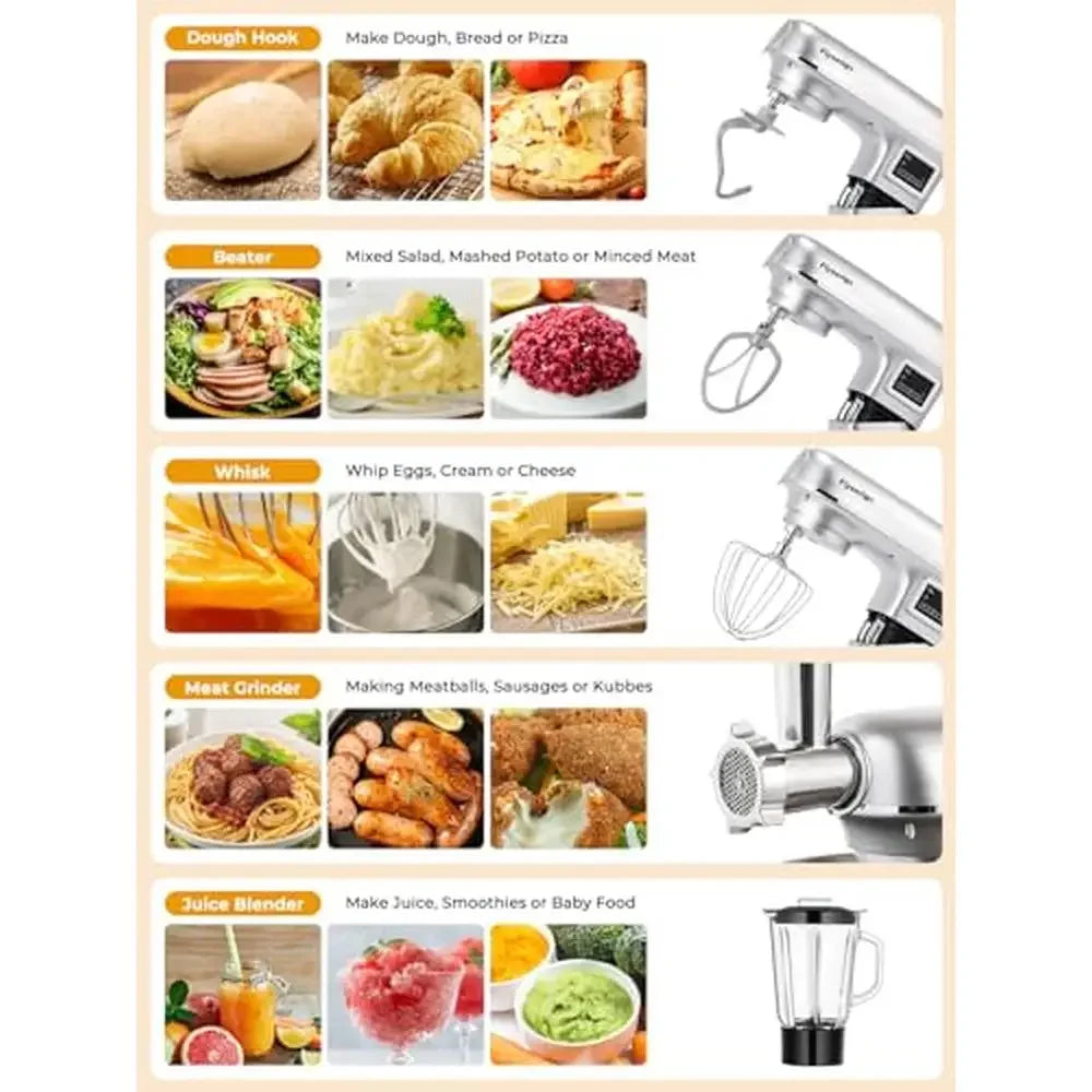 8-IN-1 Electric Kitchen Mixer 8.5 Qt Multifunctional Stainless Steel Bowl 660W 6 Speed Fermentation Tilt-Head