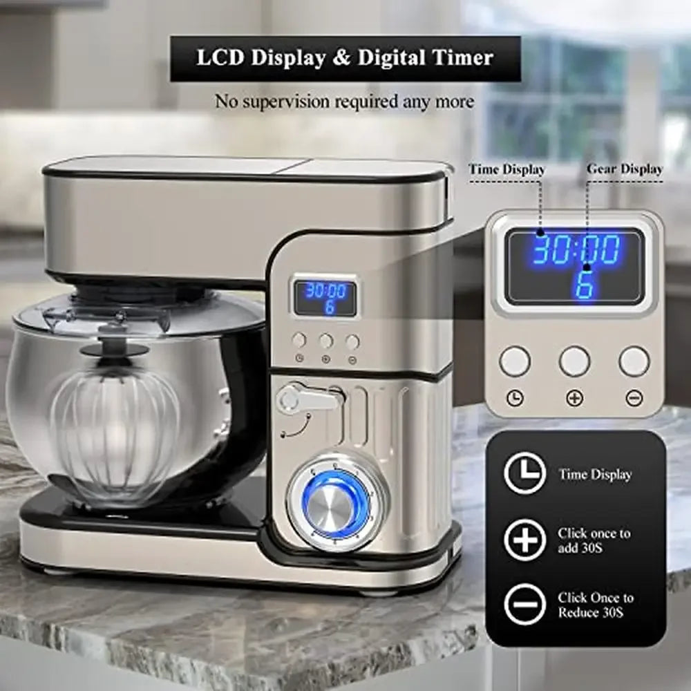 6-in-1 LCD Display Kitchen Electric Mixer 6.5QT Stainless Steel Bowl Multi-Function Mixer Dough Blender Meat Grinder Pasta