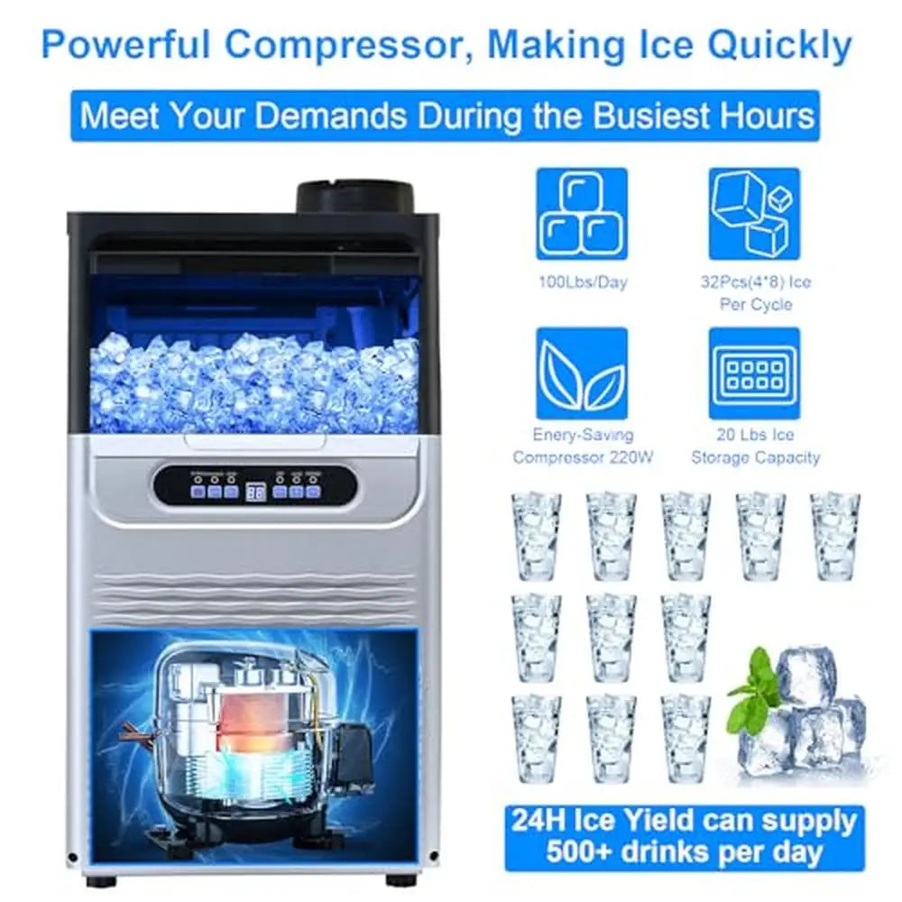 100Lbs/24H Commercial Ice Maker Machine 2 Water Inlet Modes 20lbs Storage Auto Self-Cleaning Home Kitchen Office Bar Restaurant