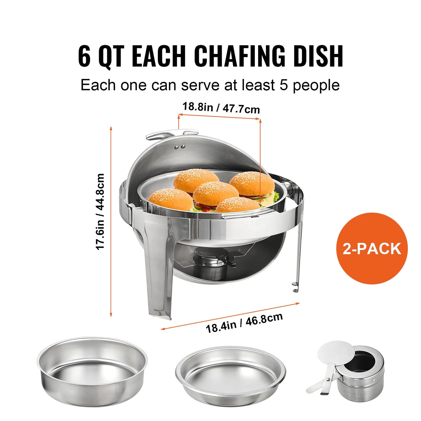 Roll Top Chafing Dish Buffet Set 6 Q. 2 Pack Stainless Steel Chafer with 2 Full Size Pans Round Catering Warmer Server