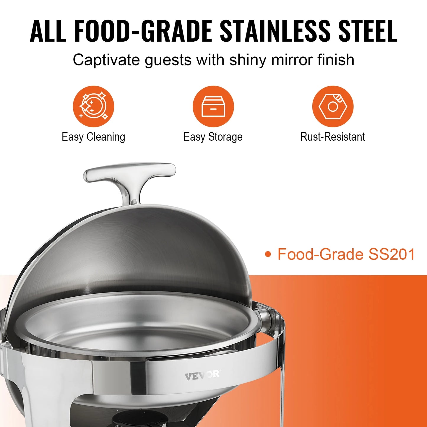 Roll Top Chafing Dish Buffet Set 6 Q. 2 Pack Stainless Steel Chafer with 2 Full Size Pans Round Catering Warmer Server